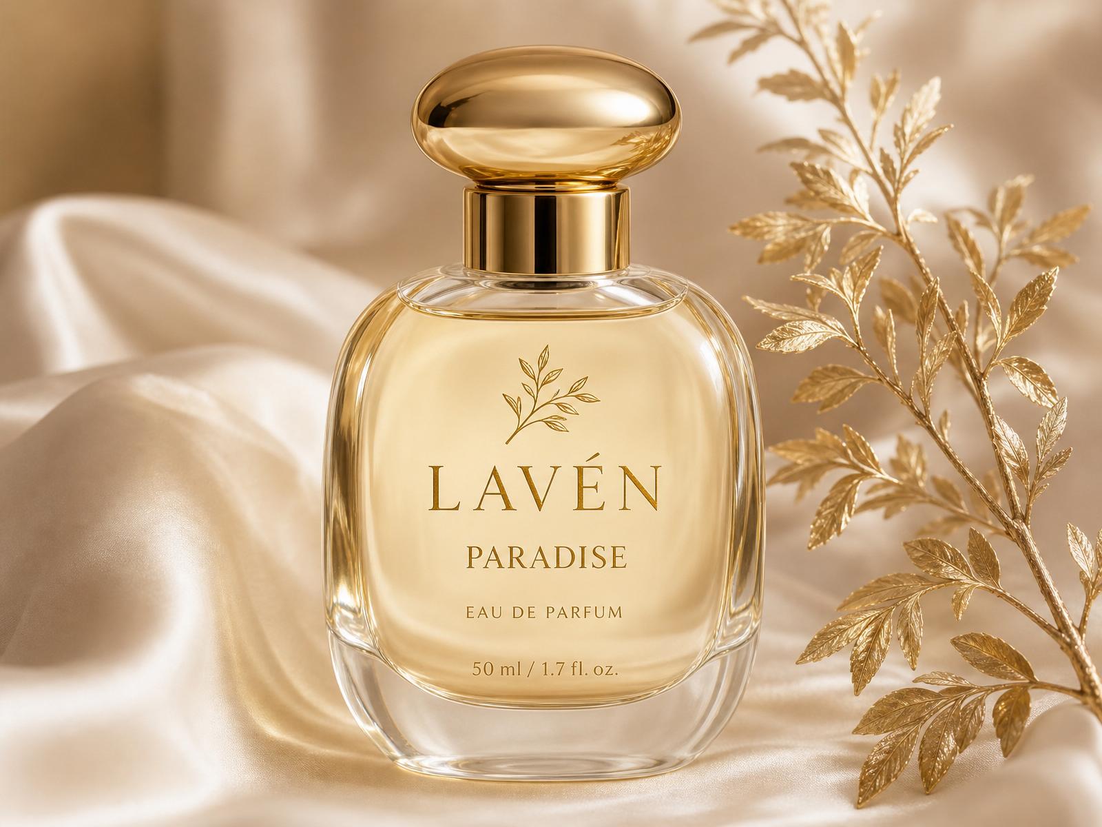 Lavén eau de parfum bottle resting on ivory silk beside a gold botanical branch