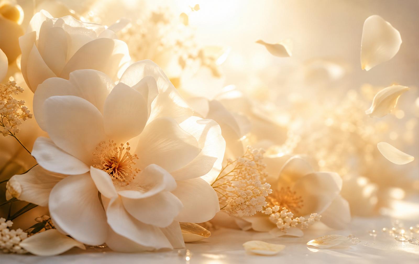 Luminous white flowers in soft golden light