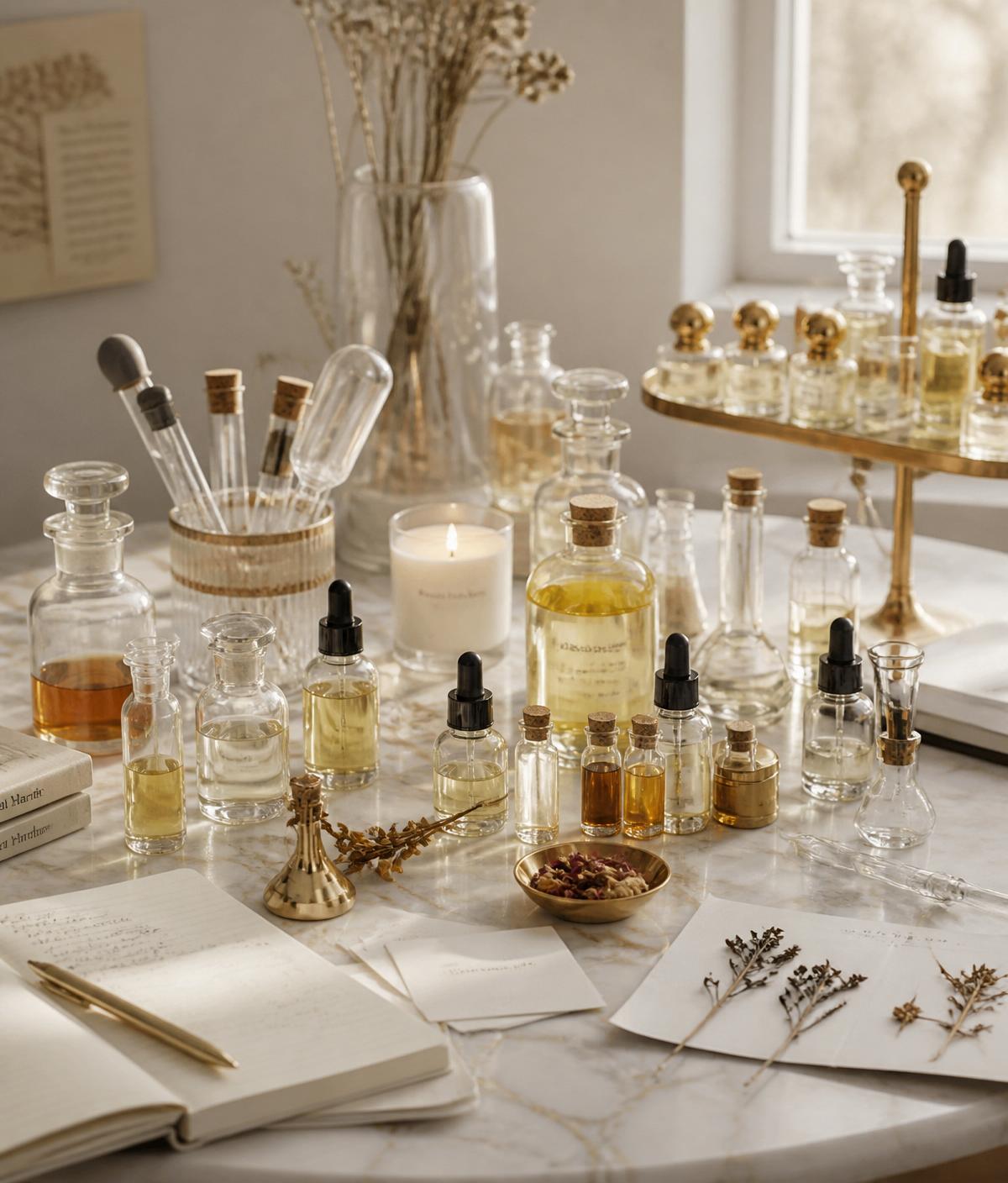 A perfumer's studio with glass fragrance oil bottles, pipettes and dried botanicals